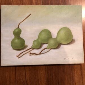 original one of a kind oil painting featuring green gourd fruit